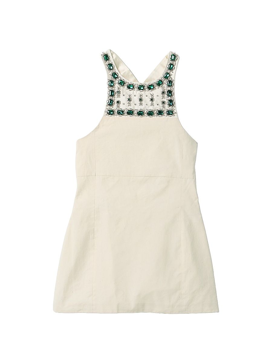 Women's Embellished Canvas Apron Dress - Beige Khaki - Size 2