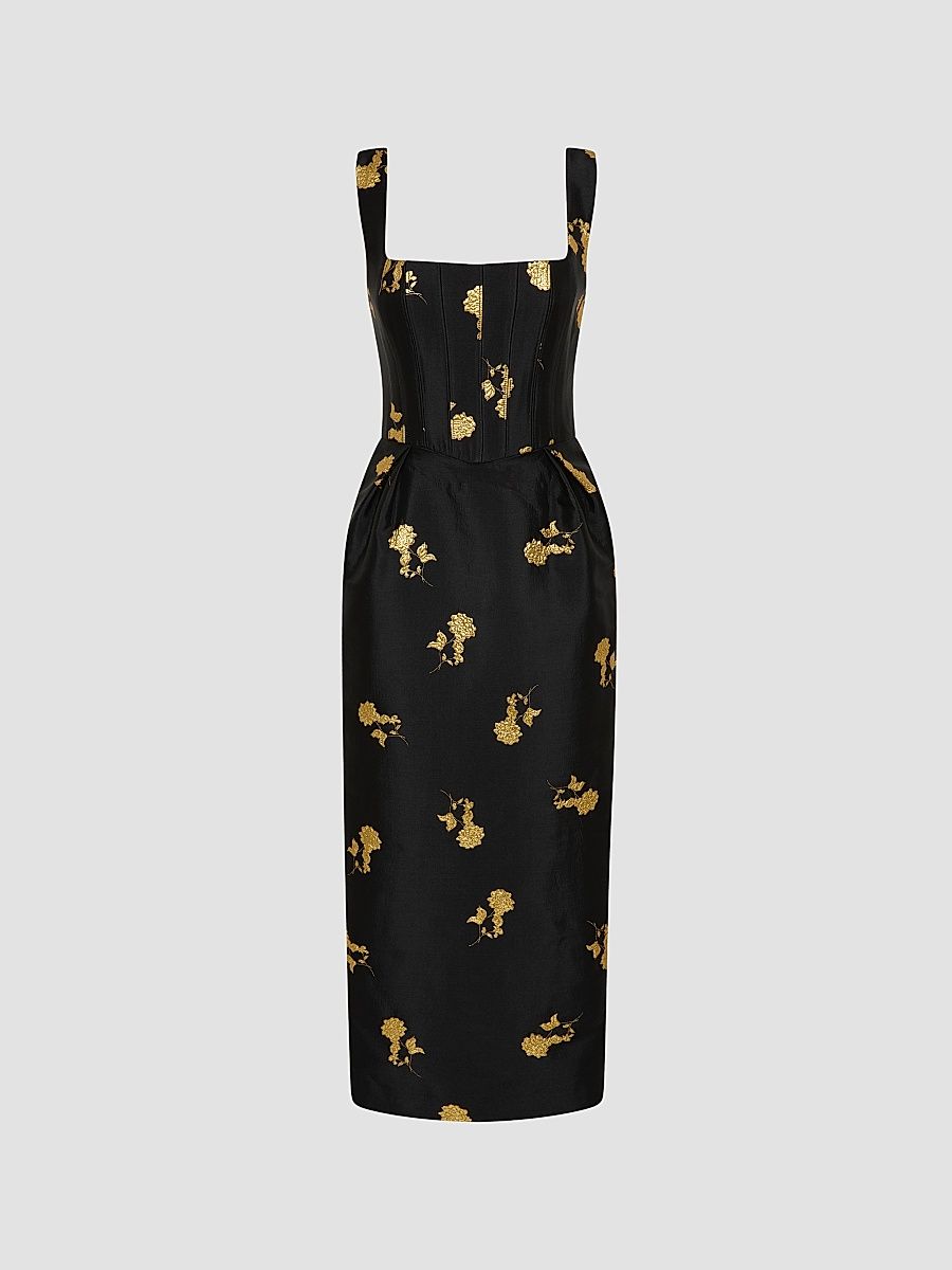 Women's Mariya Metallic Floral Midi-Dress - Black Gold - Size 12