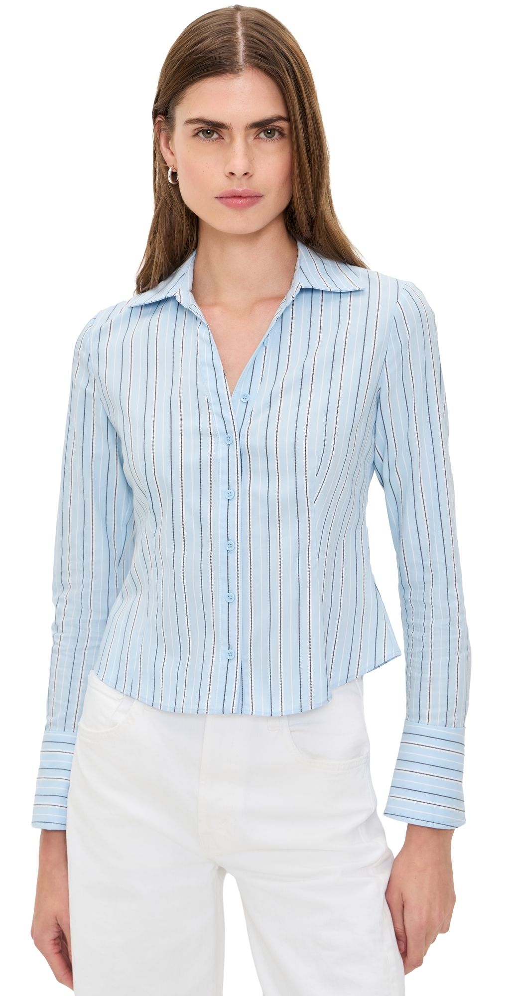 ALICE + OLIVIA Freya Fitted Nipped Waist Top Carolina Blue Multi M