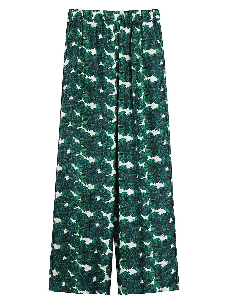 Women's Printed Silk Wide-Leg Trousers - Emerald Dandelion Print - Size 16