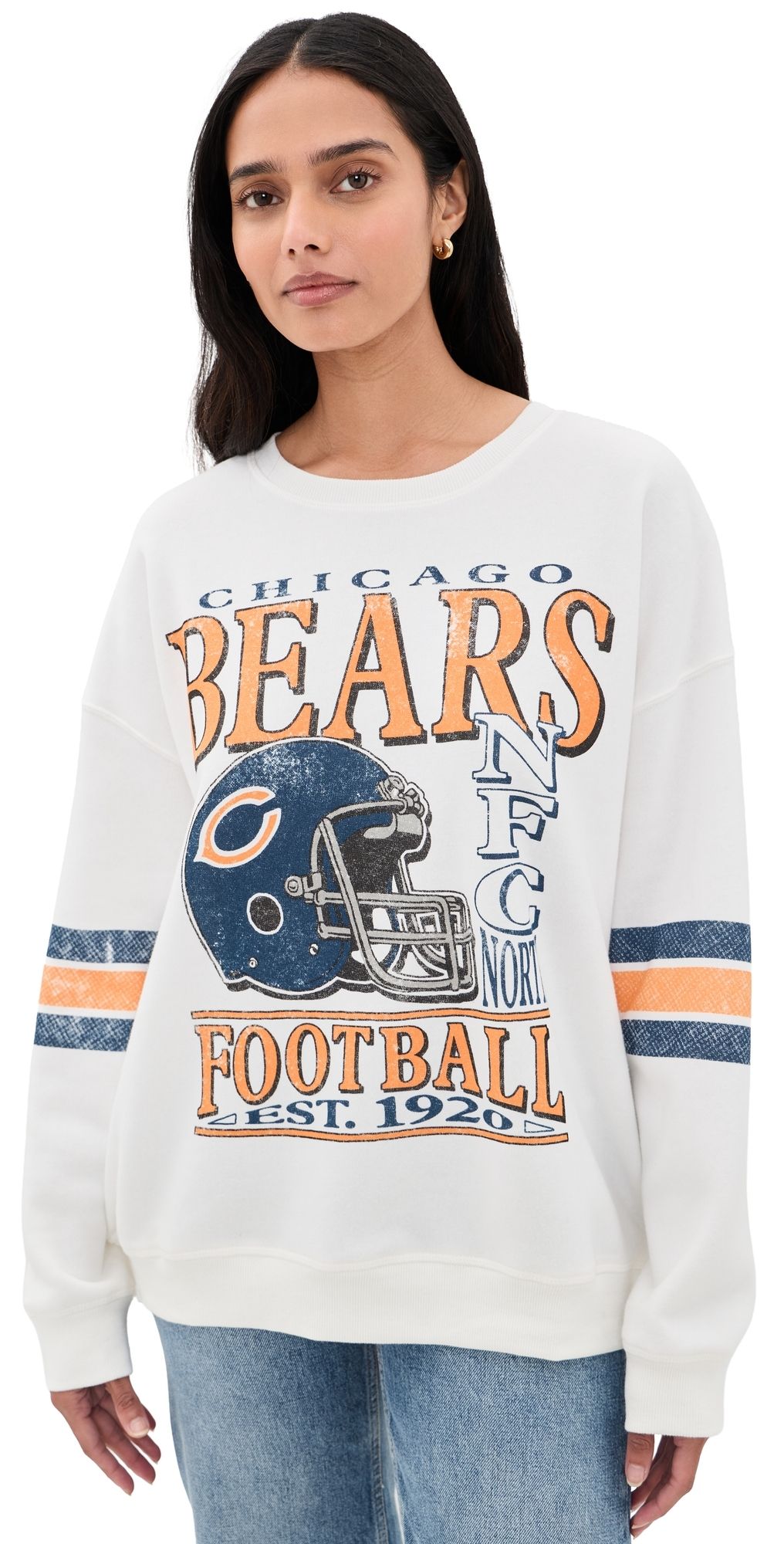 Junk Food Chicago Bears Oversized Striped Fleece Sweatshirt Vintage White M