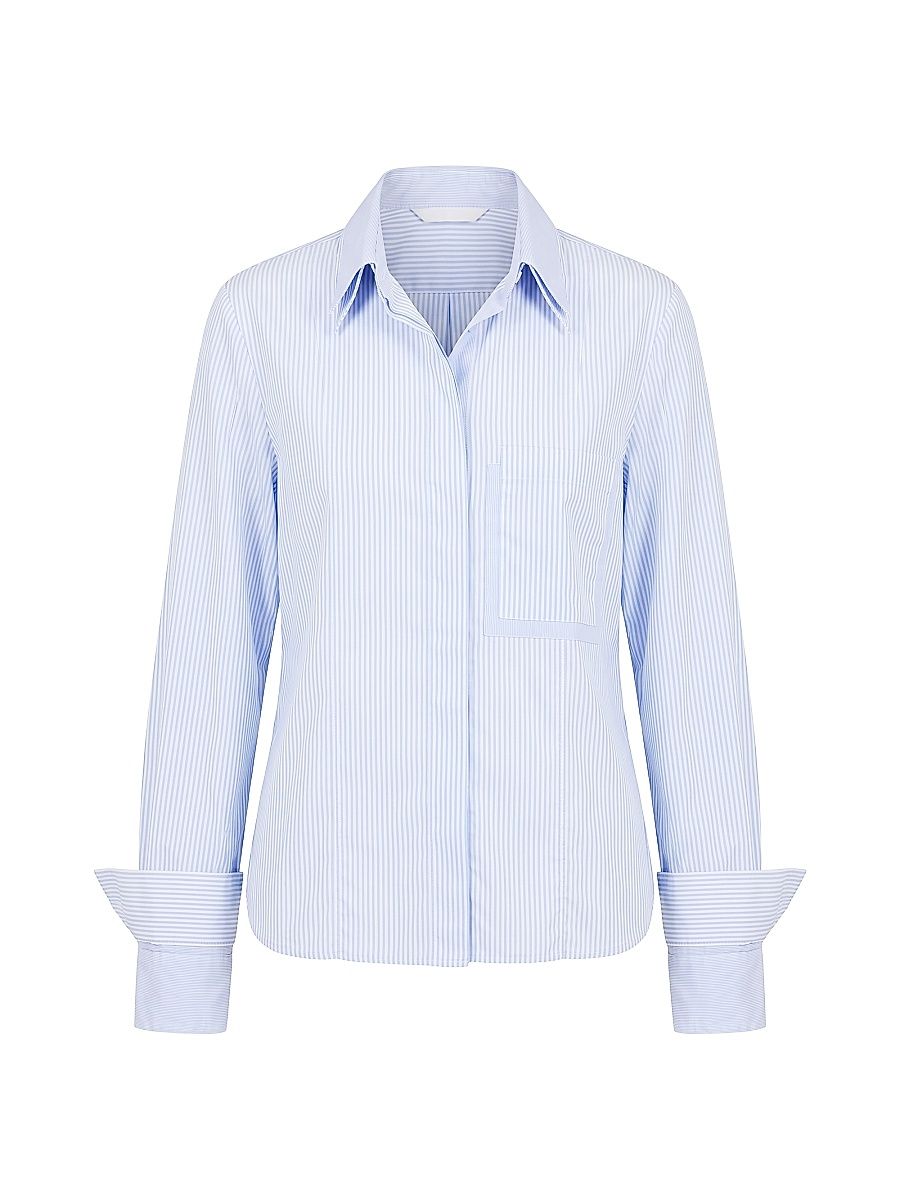 Women's Double Layer Cotton Button-Front Shirt - Blue White - Size XS