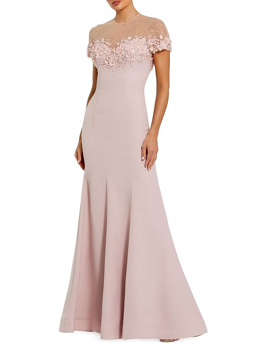 Women's Beaded Illusion Crêpe Mermaid Gown - Mauve - Size 16