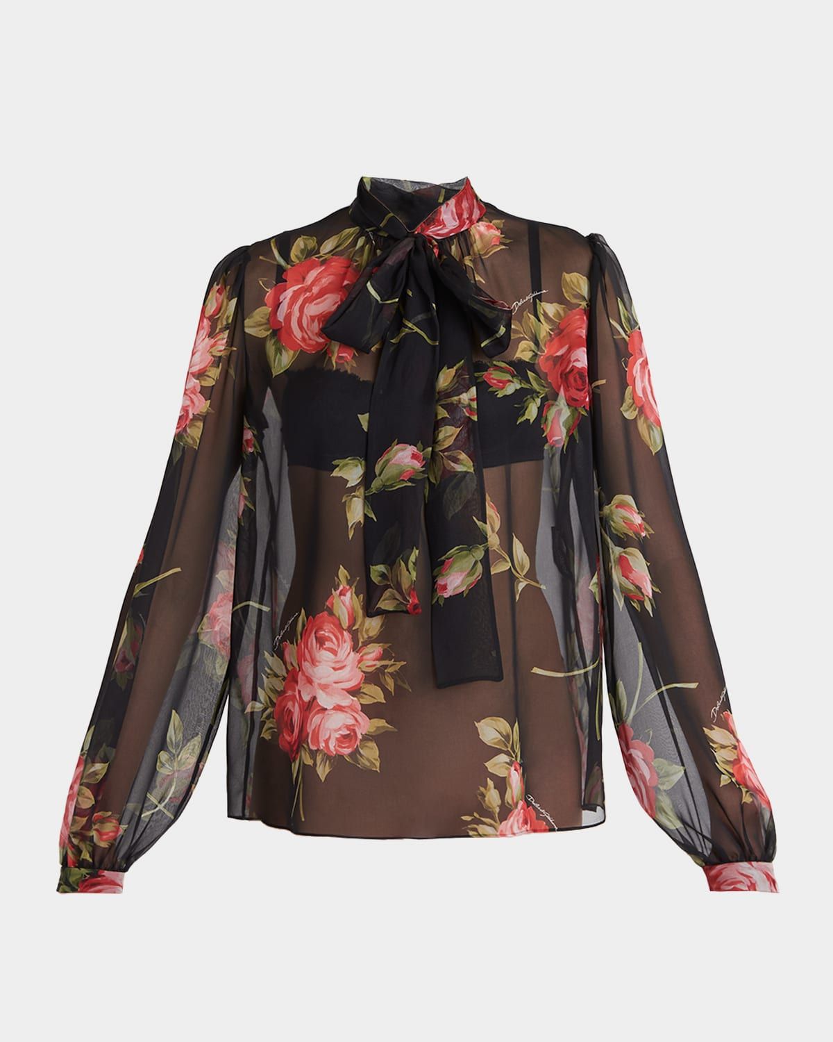 Rose Bouquet-Print Silk Chiffon Neck-Tie Blouse