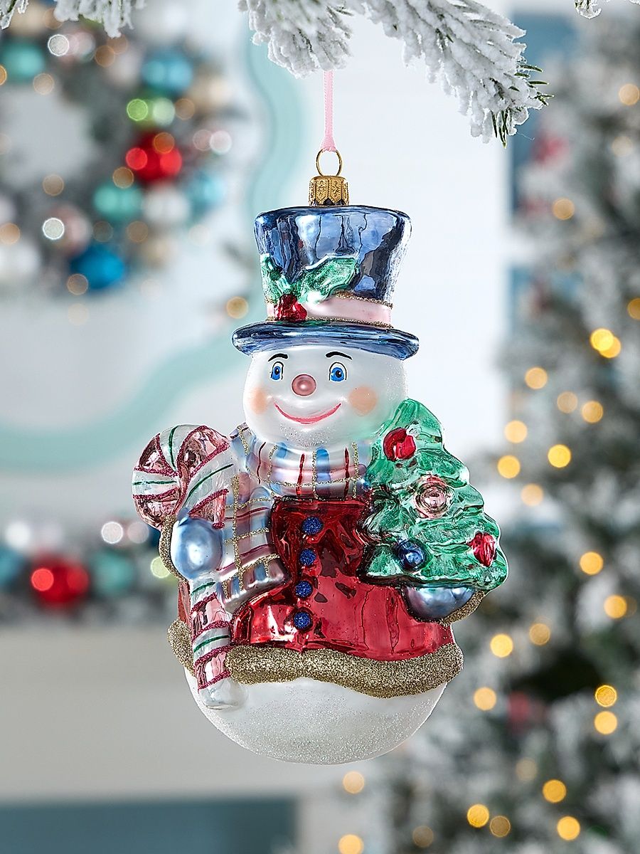 Candy Cane Snowman Glass Ornament