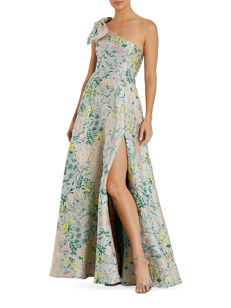 Women's Floral Brocade Bow One-Shoulder Gown - Pastel Multi - Size 0