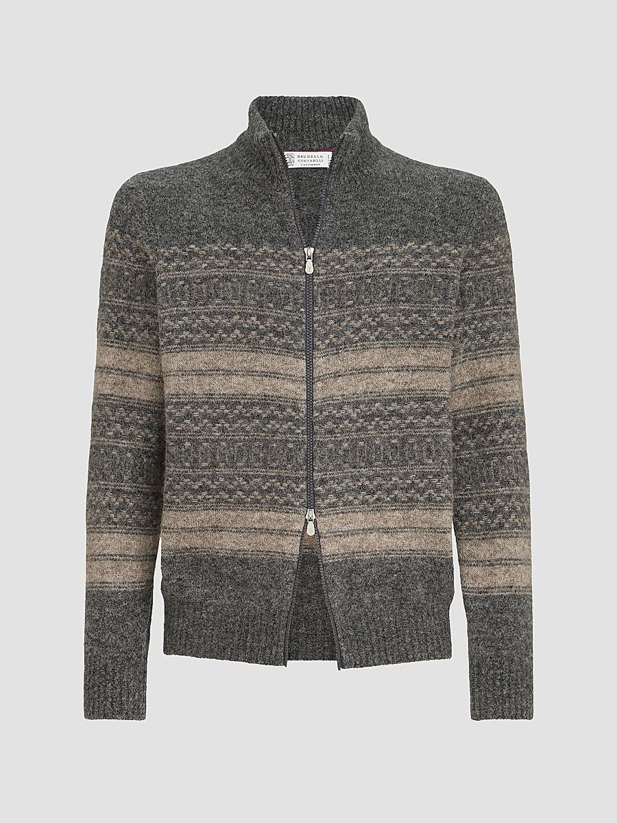 Men's Nordic Jacquard High-Neck Cardigan with Zip - Black Multi - Size 48