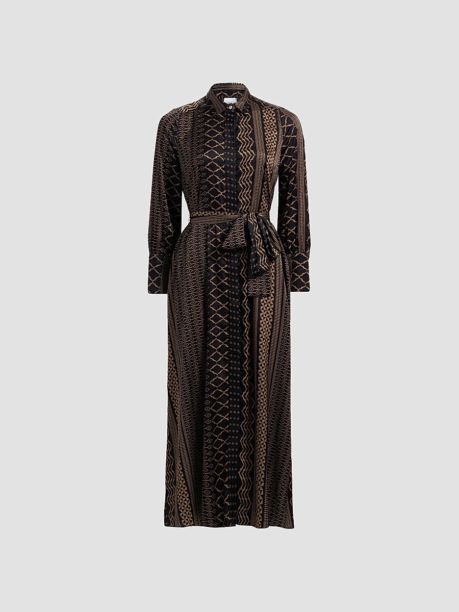Women's Herminia Geometric Tie-Waist Midi-Shirtdress - Noir Geometry - Size Large