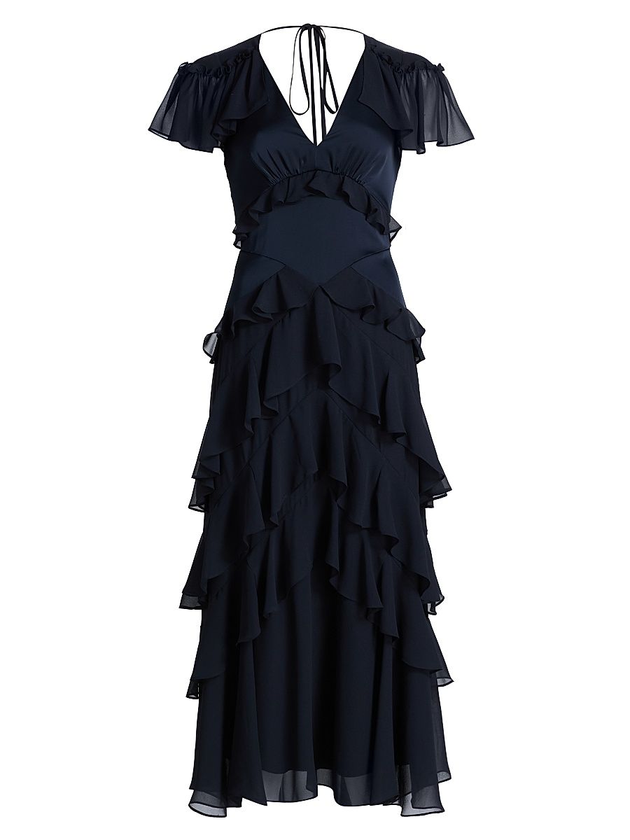 Women's Tatum Tiered Ruffled Chiffon Midi-Dress - Navy - Size 14