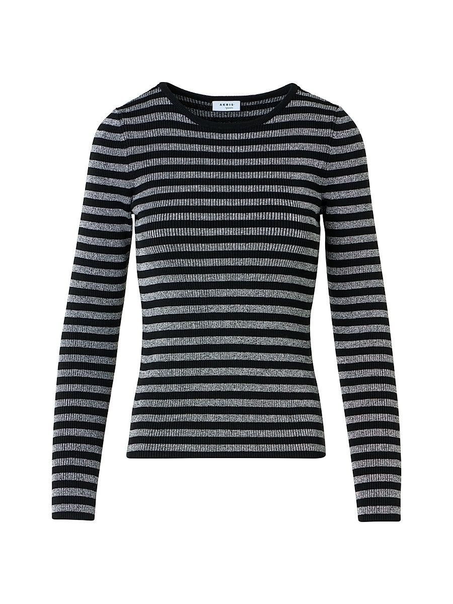 Women's Metallic Striped Merino Wool Rib-Knit Sweater - Black Brushed Steel - Size 16