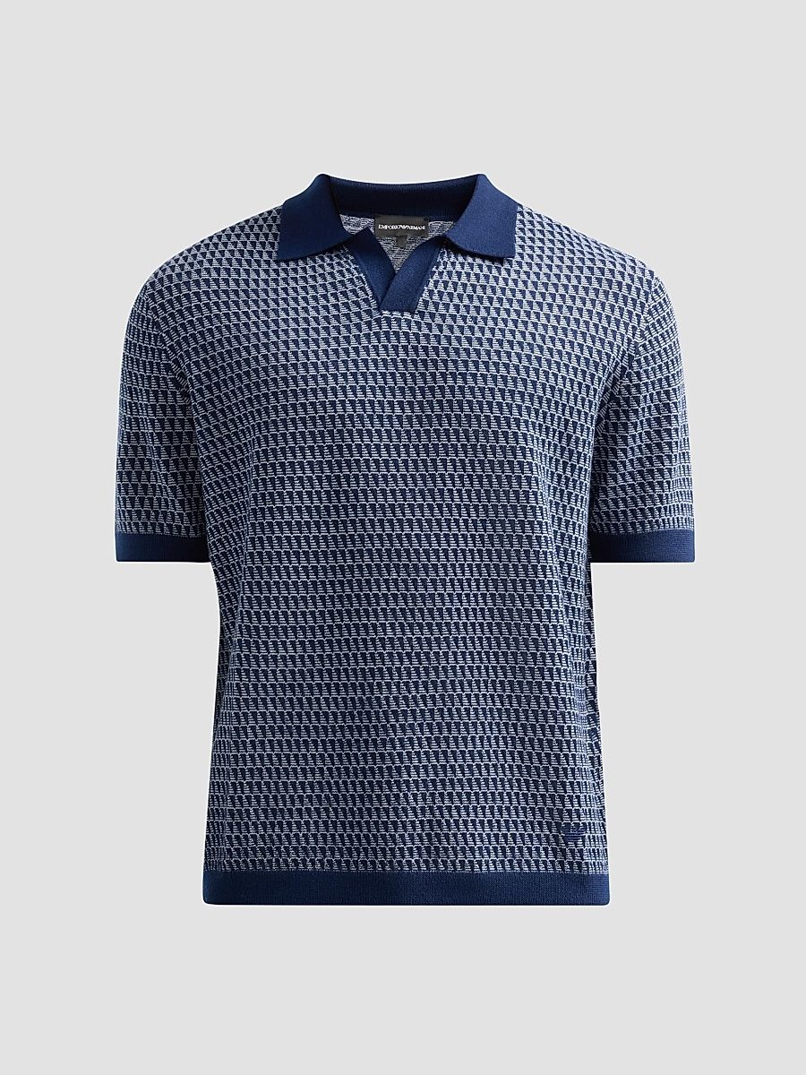 Men's Contrast Triangle Jacquard Short-Sleeve Sweater - Solid Blue Navy - Size XXL