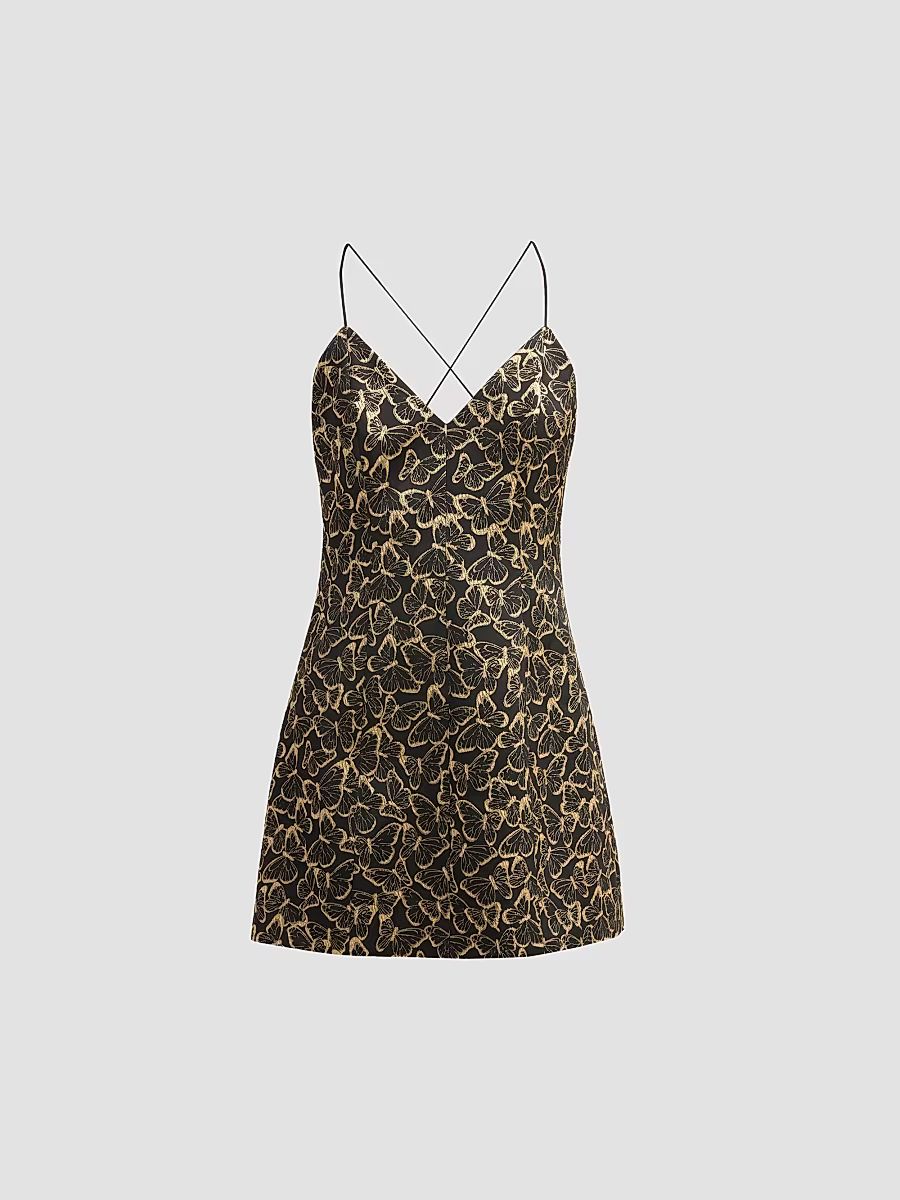ALICE + OLIVIA Women's Tayla Butterfly-Print V-neck Mini Dress - Black Gold - Size 0