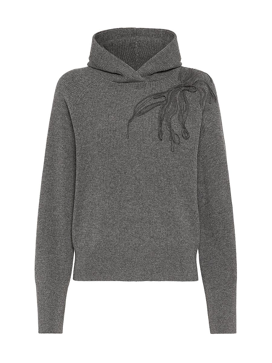 Women's Cashmere English Rib Hooded Sweater with Shiny Flower Embroidery - Lead - Size XXS