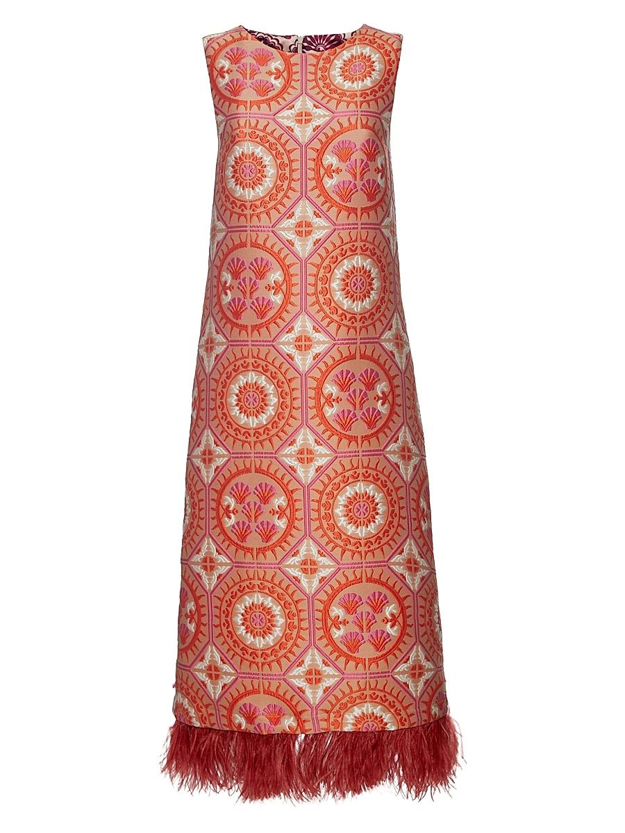 Women's Column Dress with Feathers - Sun Jacquard Orange - Size XS
