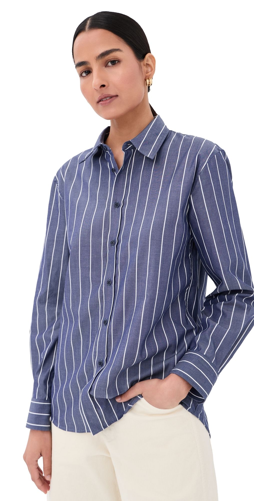 Nili Lotan Raphael Classic Shirt Large Midnight/White Stripe XL