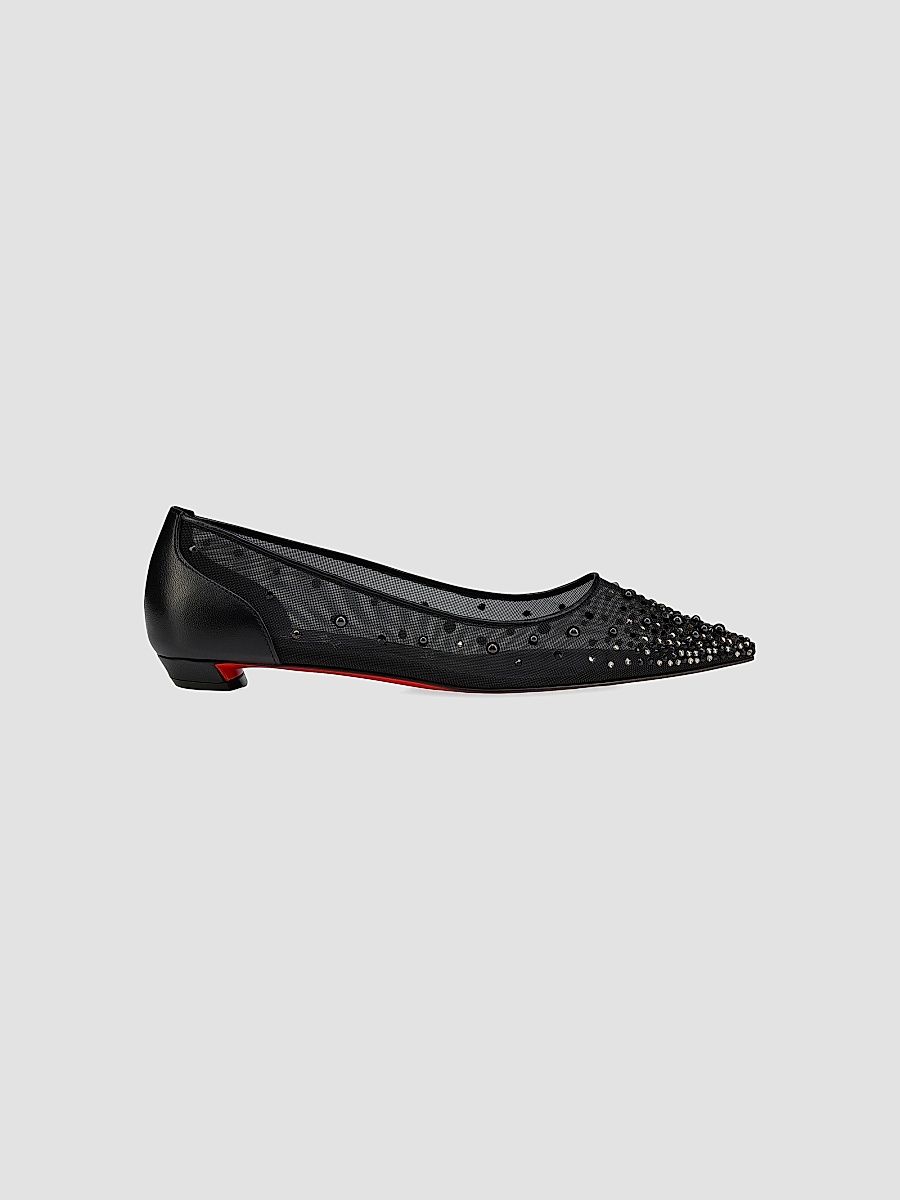 Christian Louboutin Women's Miss Z Degrastrassina Perla Leather Strass and Pearls Ballerinas - Black - Size 10