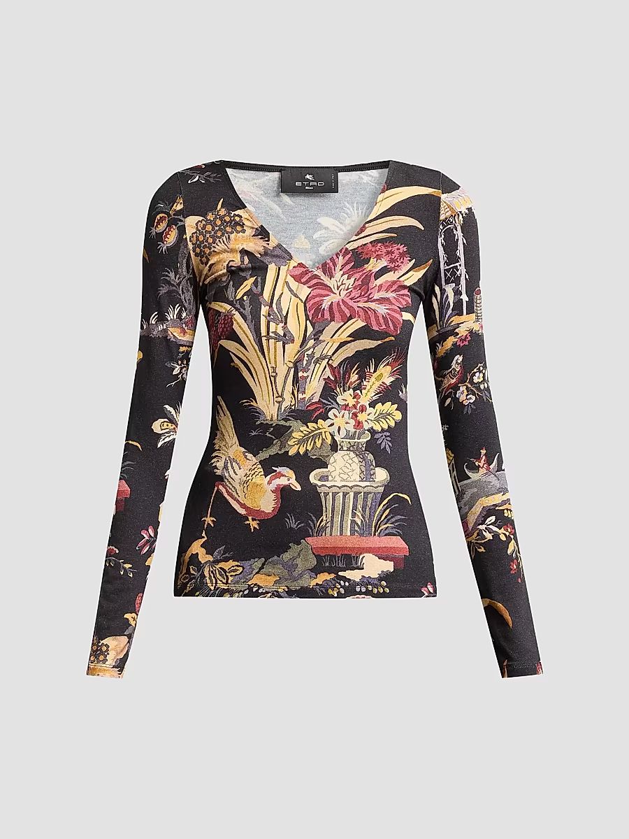 Women's Printed V-Neck Long-Sleeve Top - Printed Black - Size 14