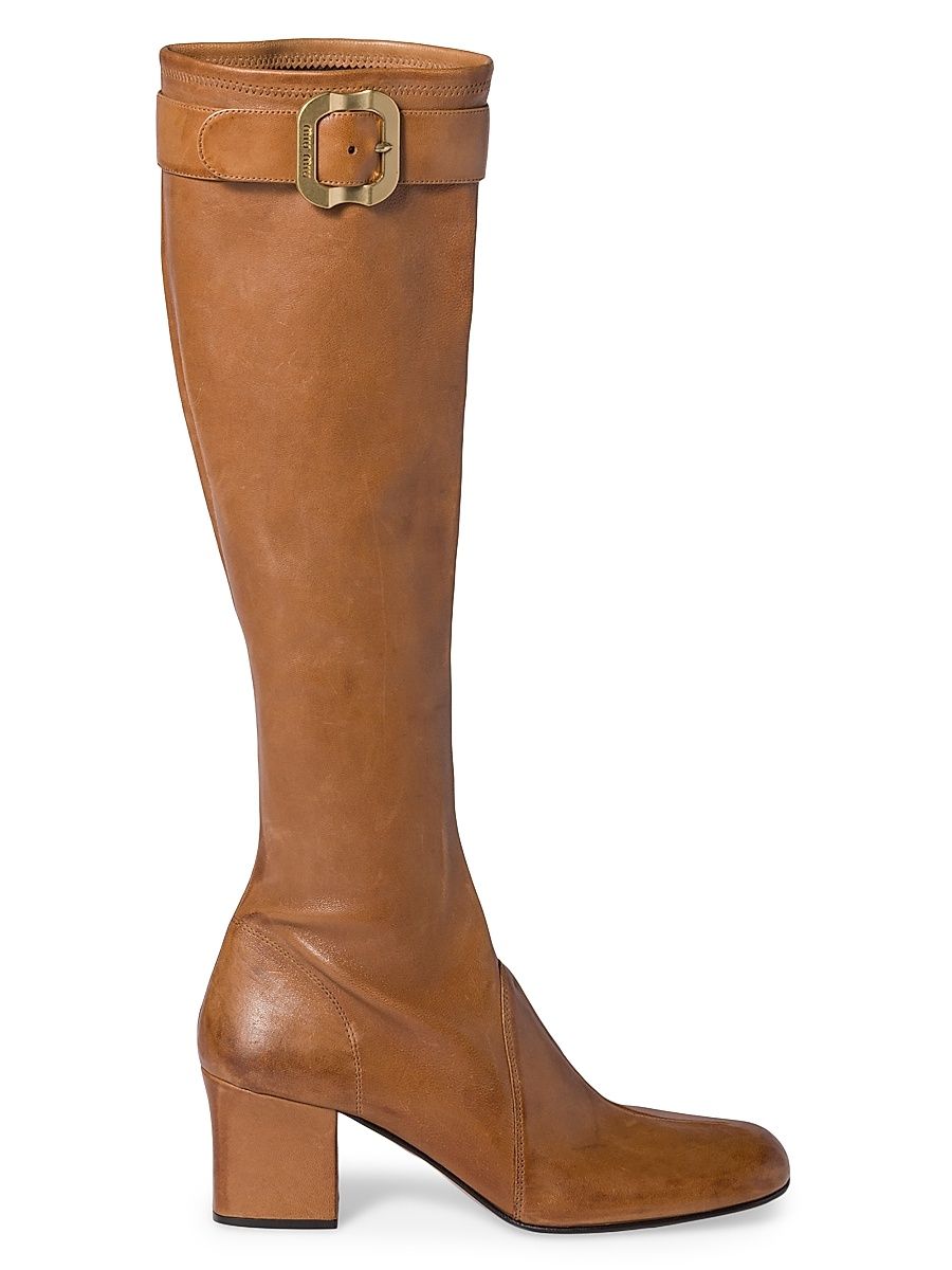 Women's Nappa Leather Boots with Buckle - Brown - Size 8.5