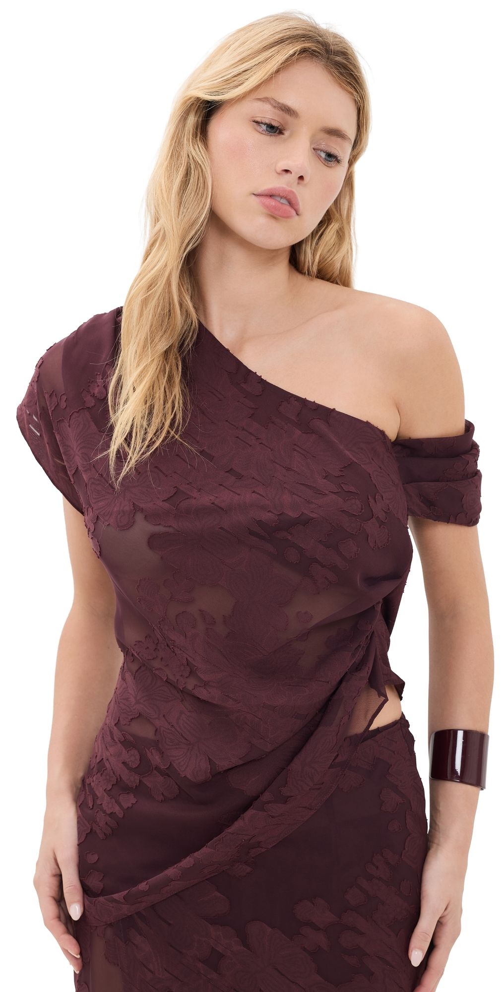 ROAME Marcel Asymmetrical Sheer Burnout Top Mulberry Jacquard XS