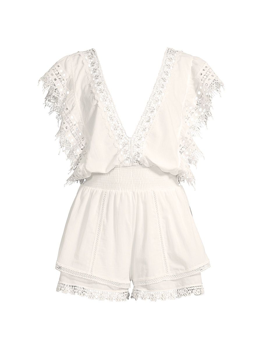 Women's Raja Lace-Trimmed Romper - White - Size Large