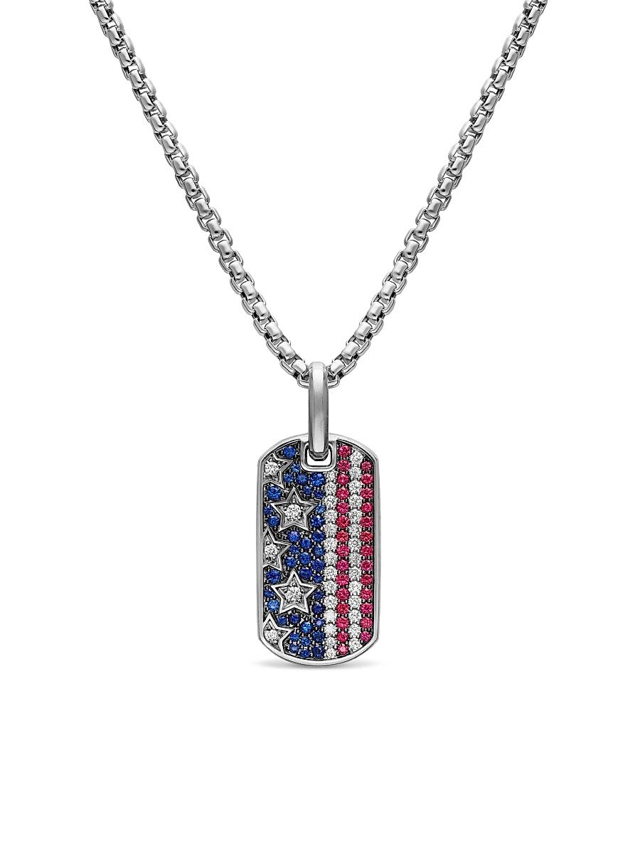 Men's Chevron American Flag Tag in Sterling Silver with Sapphires, Diamonds, and Rubies, 27MM - Sapphire