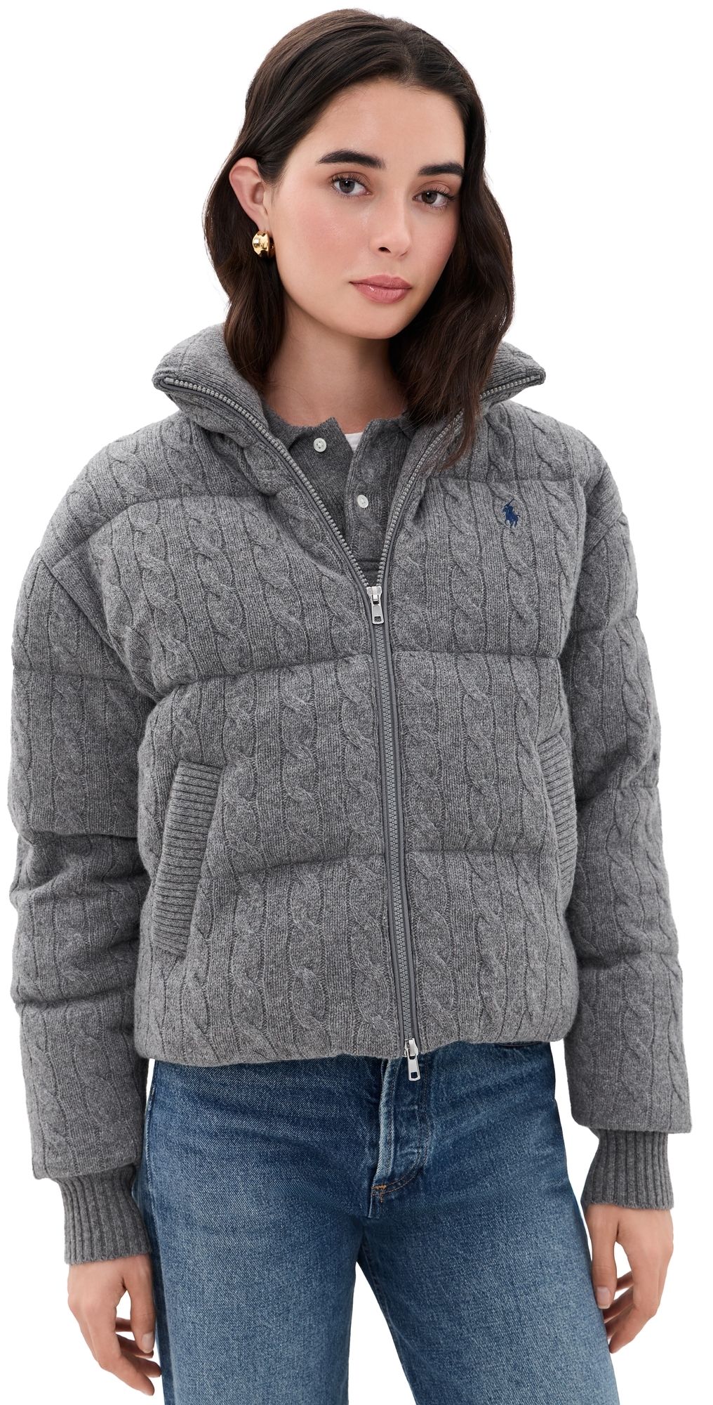 Polo Ralph Lauren Cable Knit Wool Cashmere Puffer Jacket Flannel Grey Heather L