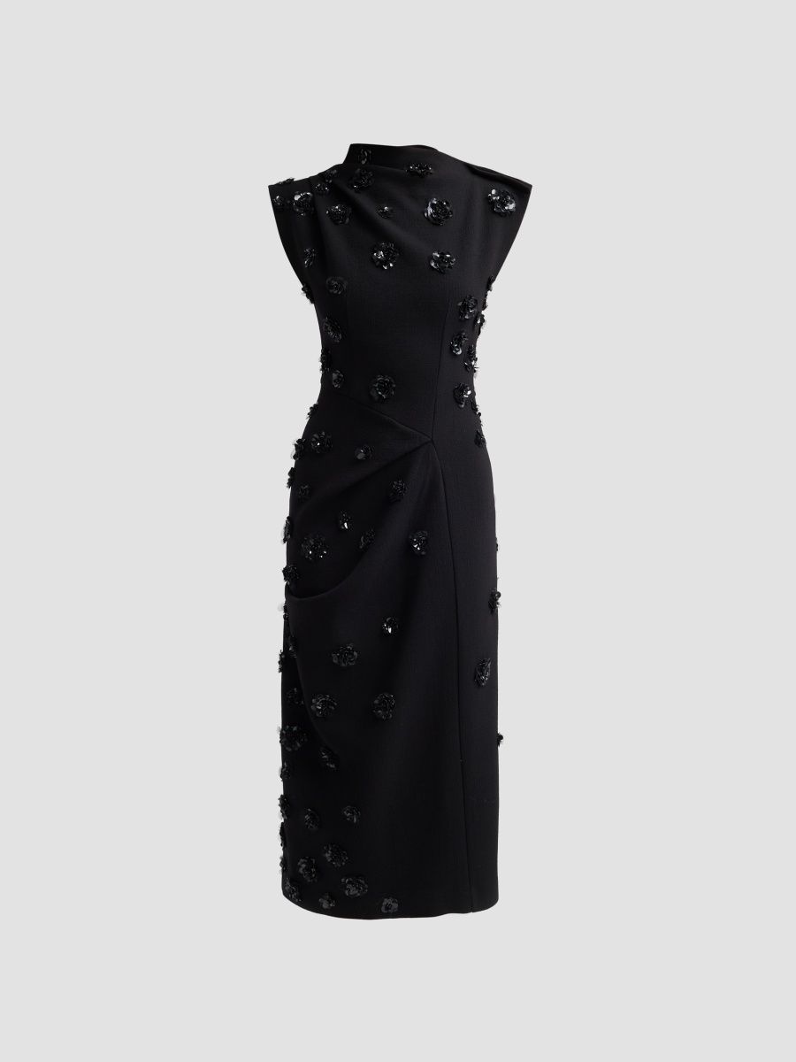 Michael Kors Collection Women's Flower Embroidered Draped Midi Dress - Black - Size 10