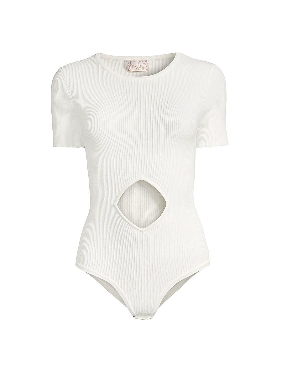 Women's Rib-Knit Diamond Cut-Out Bodysuit - White - Size XL