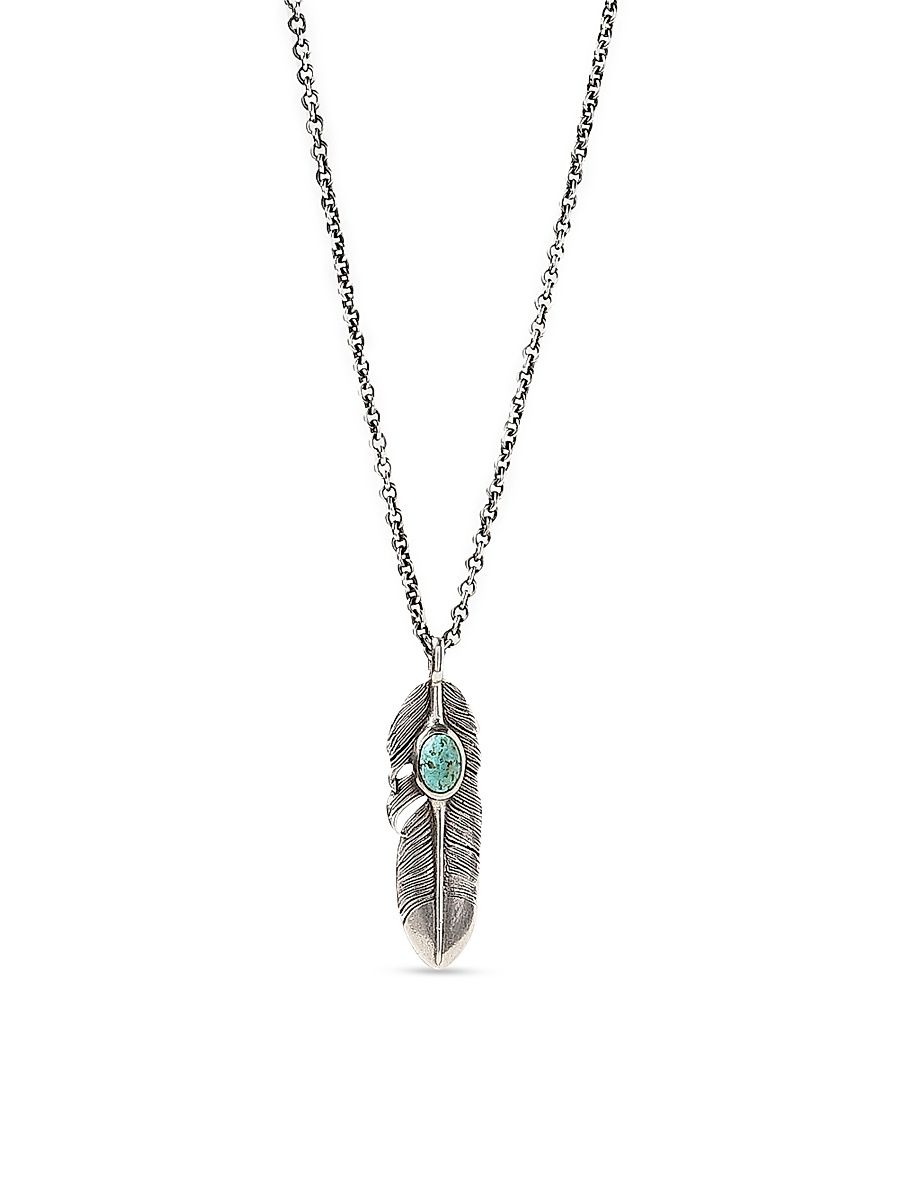 Men's Raven Sterling Silver & Turquoise Feather Pendant Necklace - Silver