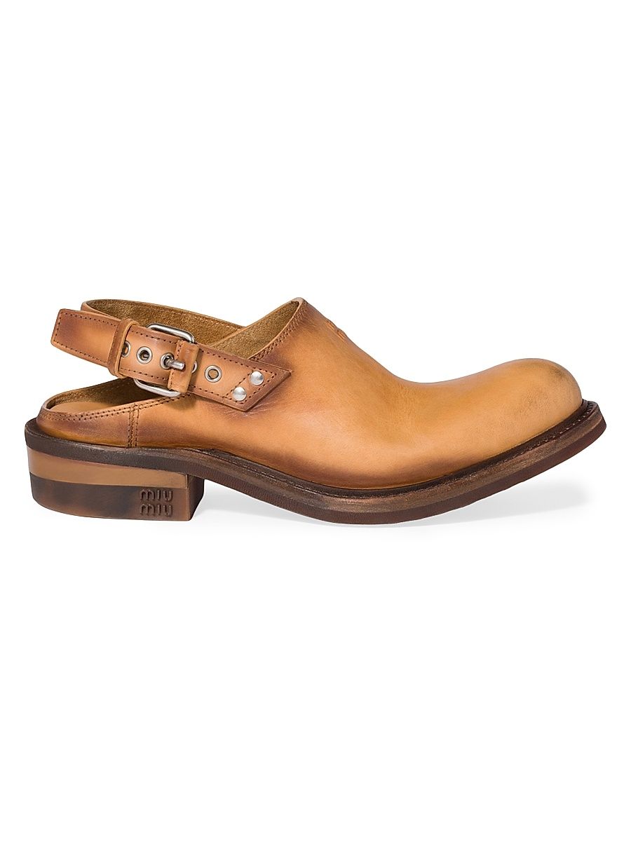 Women's Leather Mules with Buckle - Brown - Size 8