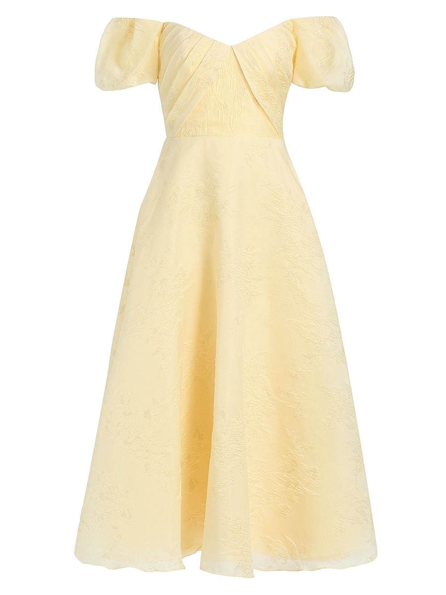 Women's Mel Jacquard Off-The-Shoulder Tea-Length Dress - Butter Yellow - Size 12