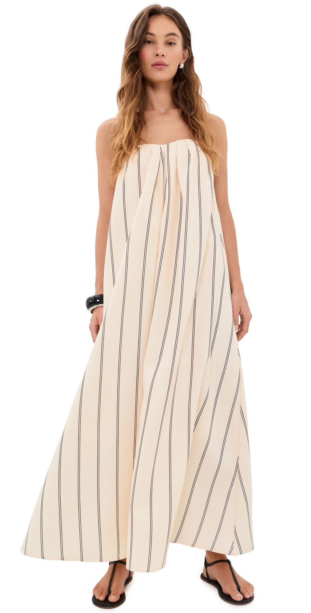 English Factory Strapless Pintuck Striped Maxi Dress Beige/Black XL