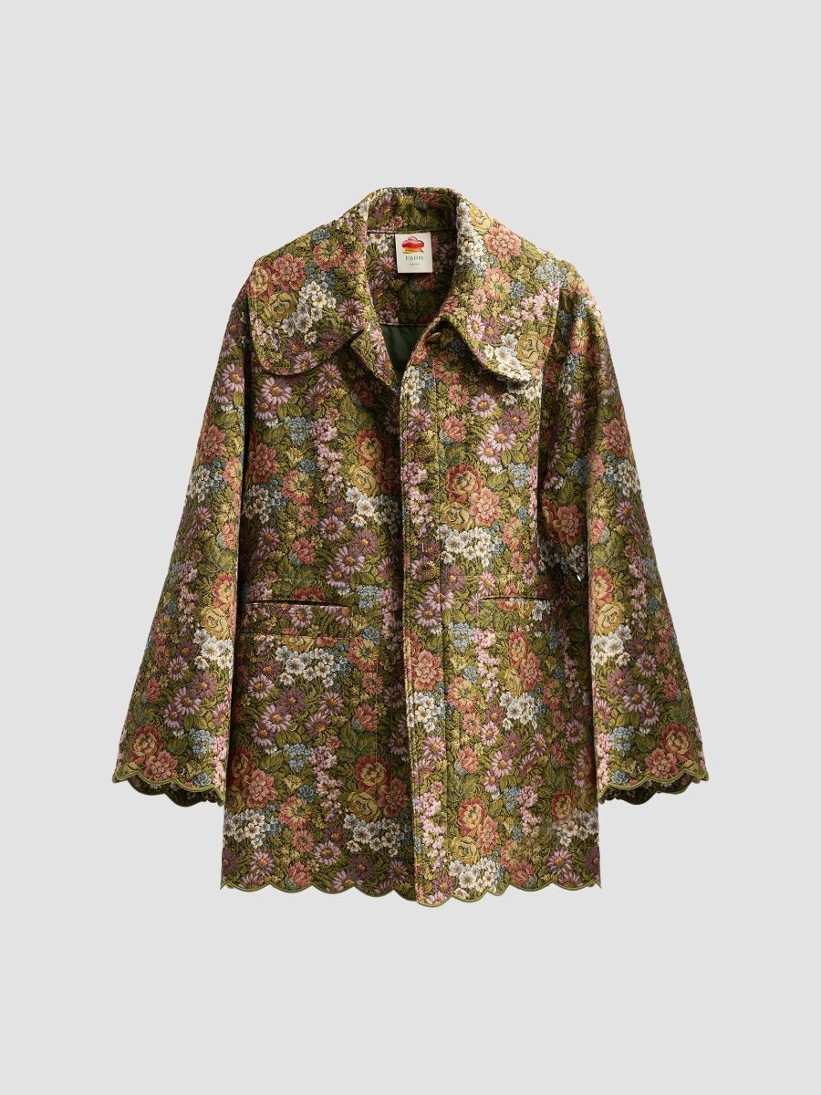 Farm Rio Women's Floral Jacquard Trench Coat - Green - Size XS