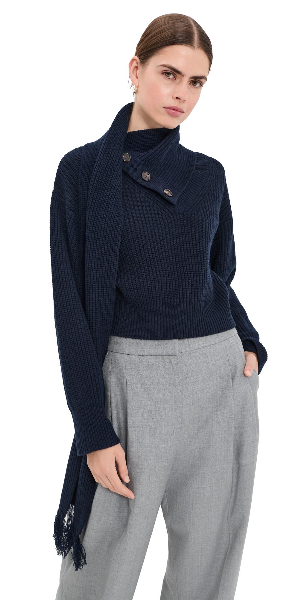 FRENKEN Line Scarf Wool Cash Knitted Sweater Navy 38