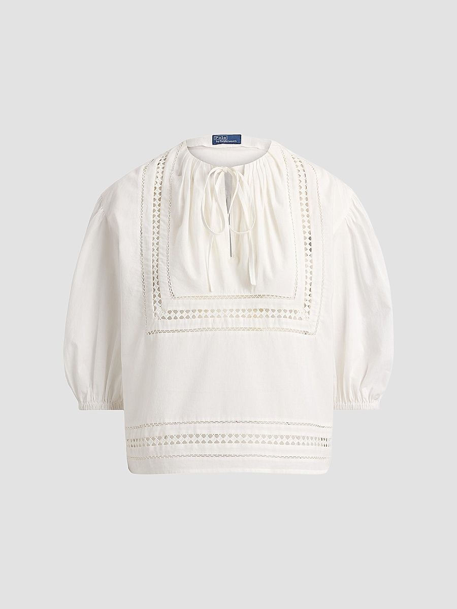 Women's Lace-Trim Cotton Shirt - White - Size XS