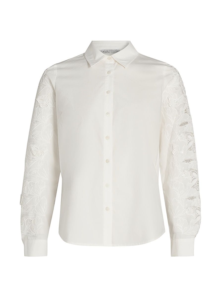 Women's Dani Lace Sleeve Silk Shirt - Sky White - Size XS