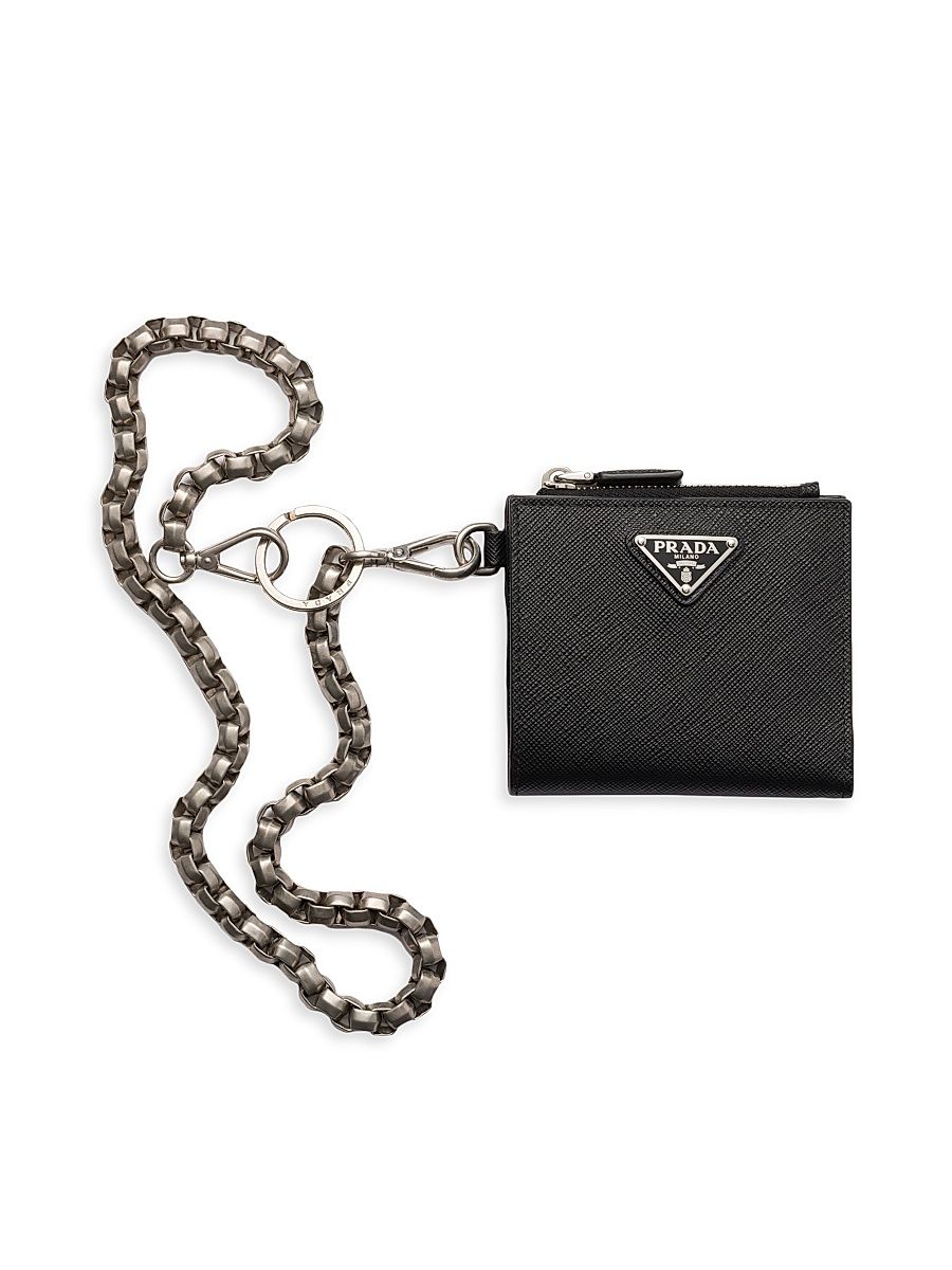 Men's Small Saffiano Wallet with Chain - Black