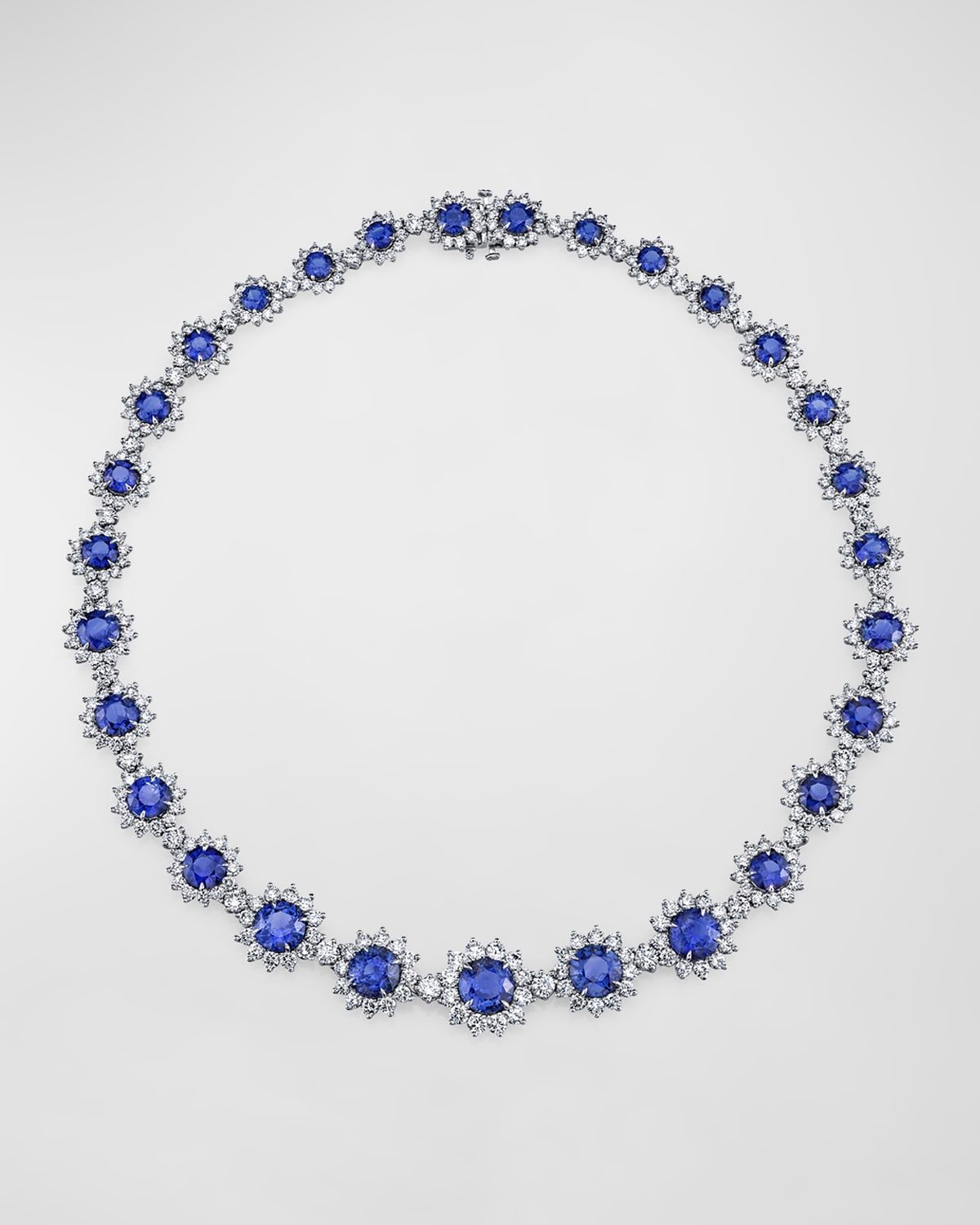 Platinum Large Round Blue Sapphire Necklace with Diamonds, 16"L, 62.25tcw