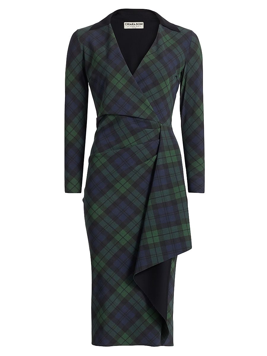 Women's Nevena Plaid Draped Surplice Midi-Dress - Holiday Tartan Green Nero - Size 16
