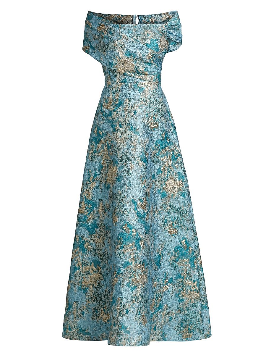 Women's Metallic Jacquard Off-The-Shoulder Gown - Aqua Multi - Size 4