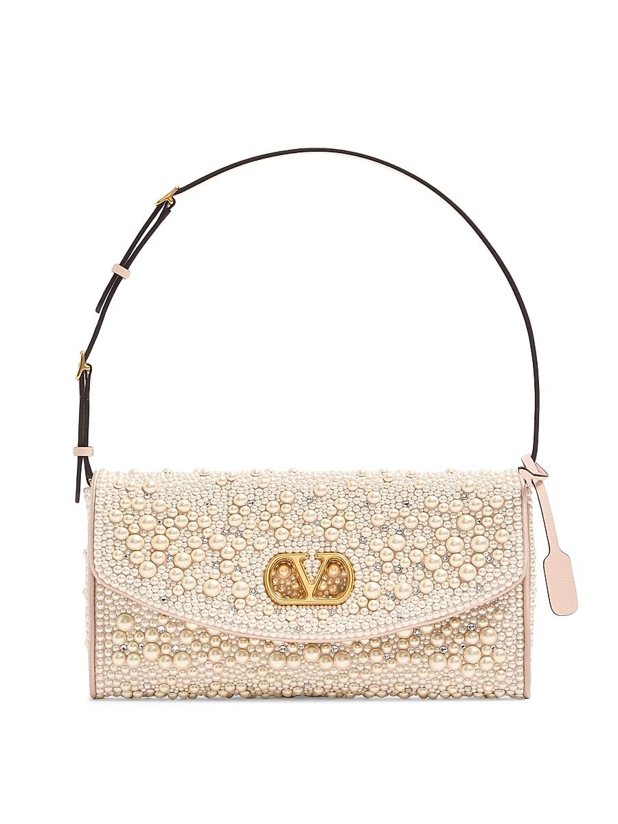 Women's DeVain Small Shoulder Bag with Pearls and Rhinestones - Cream