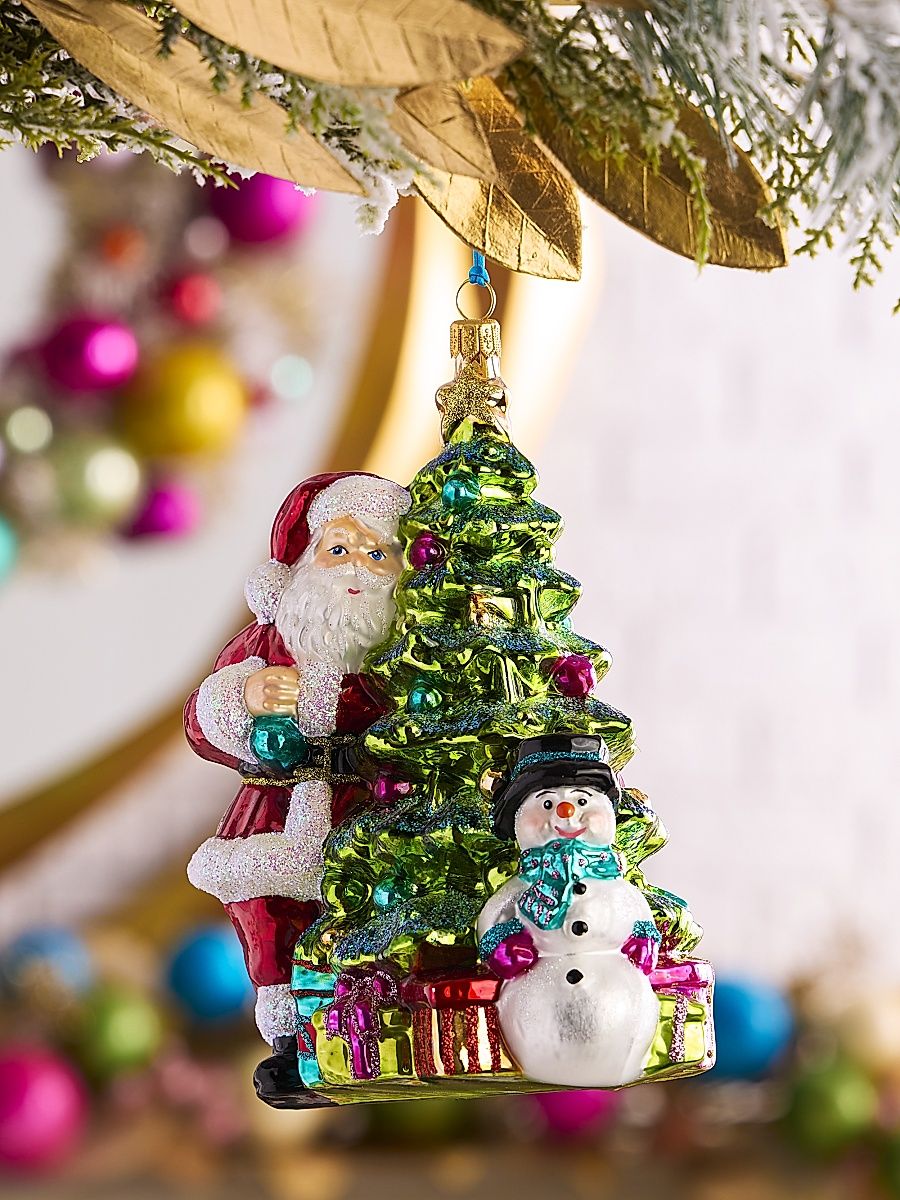 Santa With Tree And Snowman Glass Ornament