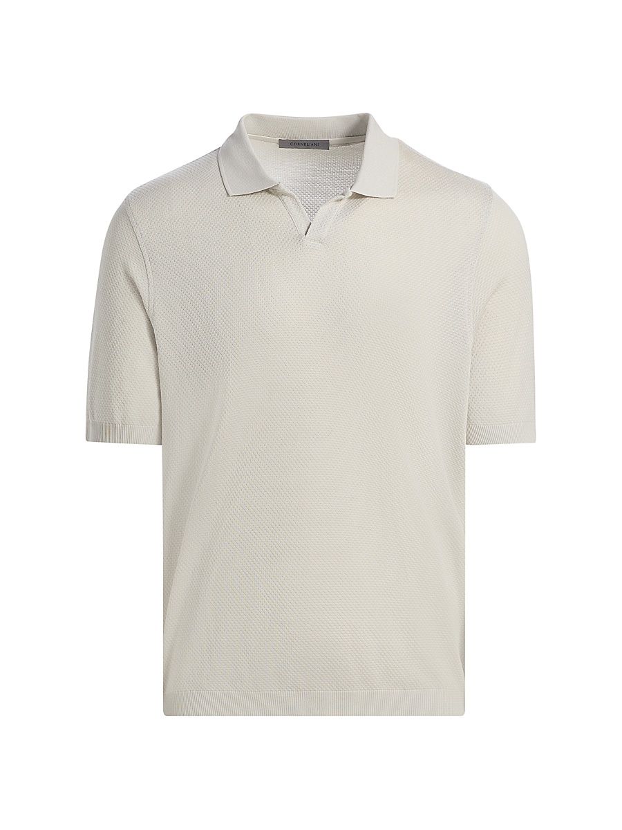 Men's Textured Cotton Johnny Collar Polo Shirt - White - Size 46