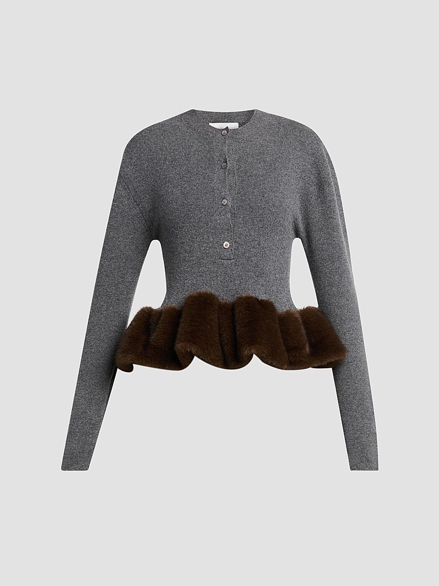 Women's Faux Fur Trim Wool Crewneck Sweater - Dark Grey Melange - Size Large