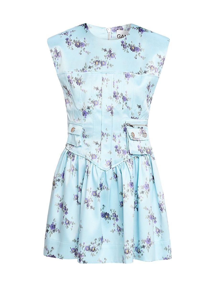 Women's Printed Satin Corset Minidress - Iced Aqua - Size 14