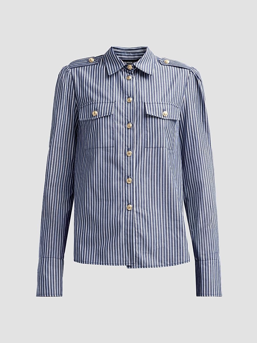 Women's Allure Striped Poplin Button-Front Shirt - Navy Stripe - Size XS