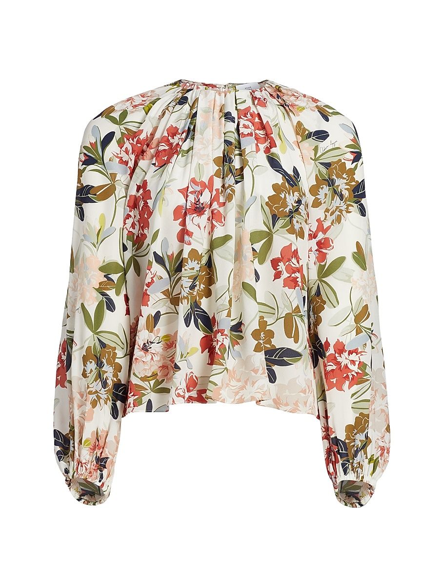 Women's Lottie Floral Crepe De Chine Pleated Blouse - Ivory Floral - Size Large