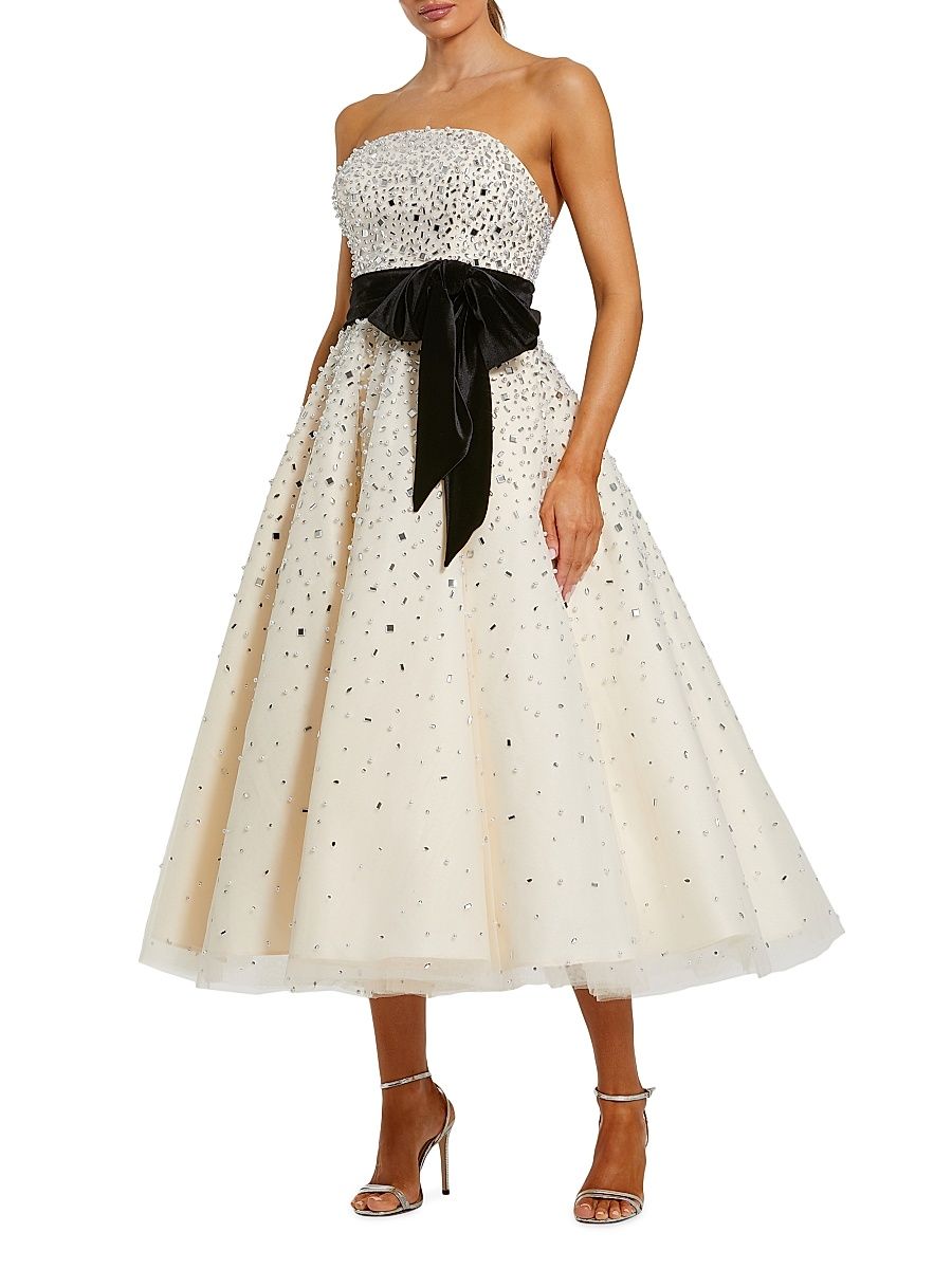 Women's Bandeau Beaded Midi-Dress - Black Cream - Size 14