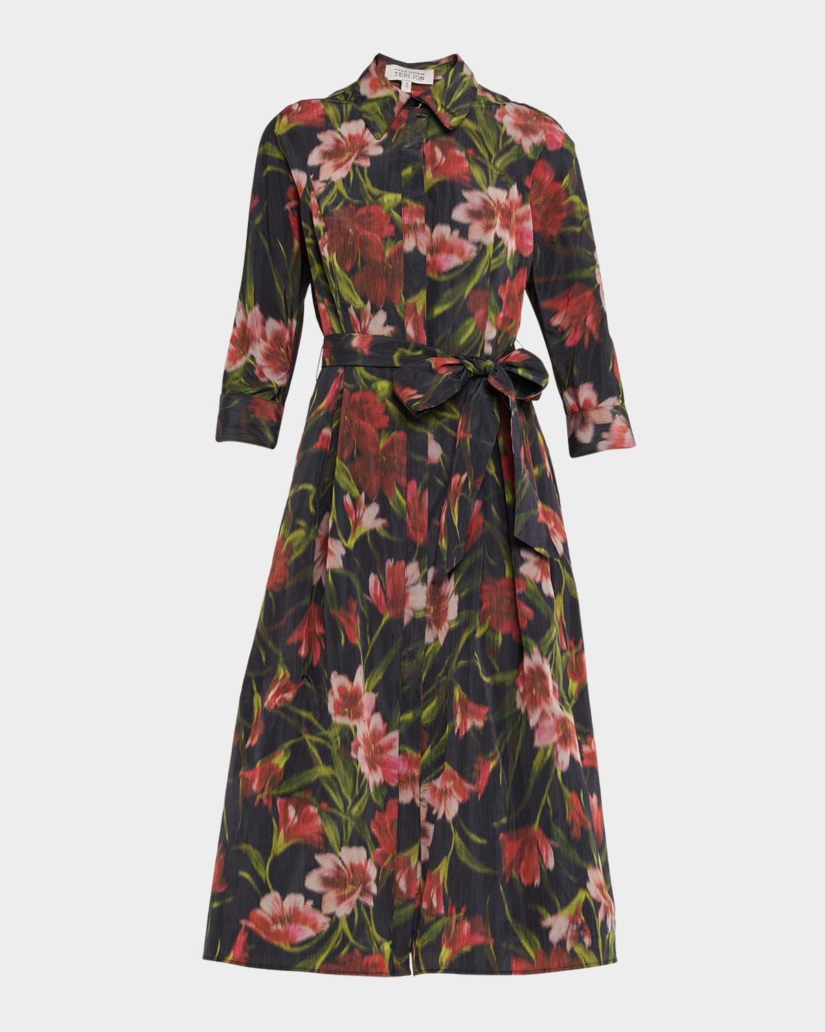 Taffeta Faille Hazy Floral-Print Midi Shirtdress