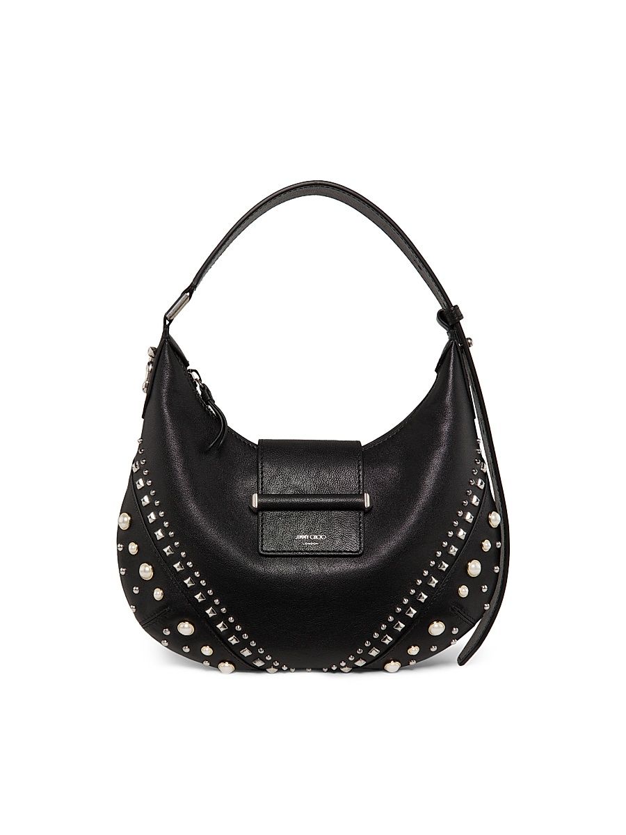 Women's Small Bar Embellished Leather Shoulder Bag - Black Ivory Antique Silver
